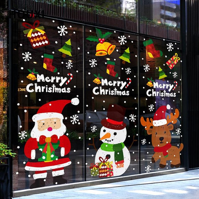 圣誕節氛圍布置卡通圣誕老人雪人圣誕樹女裝服裝店靜電玻璃門貼紙-奇點家居