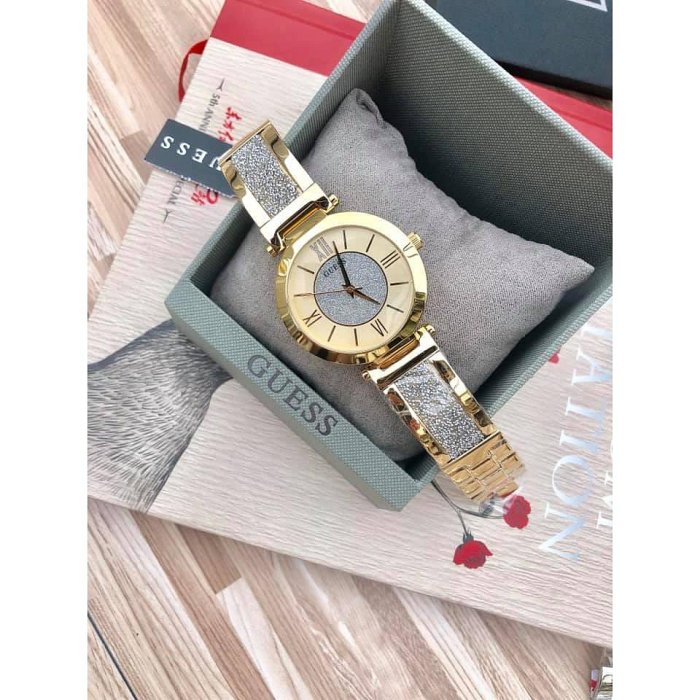 GUESS AURORA 模擬女生手錶 錶盤錶帶鑲有粉鑽 可自行調節錶帶 W1288L1 W1288L2 W1288L3