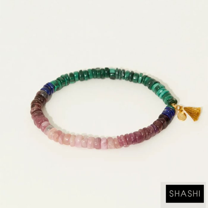 SHASHI 紐約品牌 Gemstone 綠色孔雀石X青金石X粉紅碧璽手鍊 經典切割款