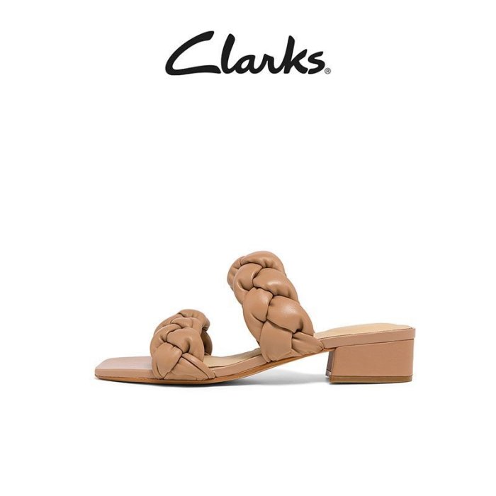 全館免運 Clarks其樂女士2022夏季新款羊皮編制方跟一字涼鞋舒適穩定露趾鞋 可開發票