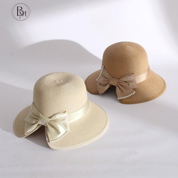 女士時尚草帽韓版珍珠大簷面具防曬防曬漁夫帽夏季新款蝴蝶結遮陽帽
