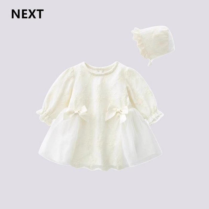 NEXT女童連衣裙滿月禮服秋款長袖白色二歲寶寶嬰兒蕾絲公主裙童裝