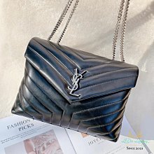 【黎都精品】YSL 聖羅蘭 LOULOU 中型 全皮革 山形紋 雙肩鍊包 肩背包