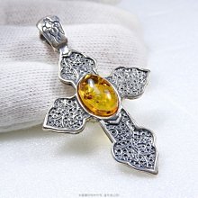 珍珠林~925純銀琥珀十字架墬~天然波羅的海琥珀~全球限量.僅有一件#810