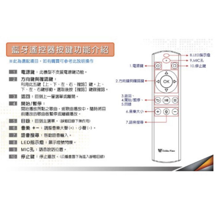 Golden Voice 金嗓  Super Song 600/500 專用藍芽語音遙控器