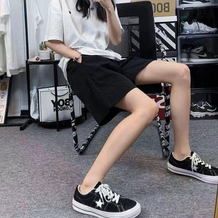 【歡迎光臨】 黑色五分休閒運動短褲女學生夏季新款韓版寬鬆高腰顯瘦百搭闊腿褲