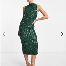 (嫻嫻屋) 英國ASOS-綠色線型亮片高領無袖中長裙洋裝禮服AD24