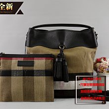 優買二手精品名牌店 BURBERRY ASHBY 黑 牛皮 帆布 格紋 肩背包 流蘇包 水桶包 NOE 斜背包 全新