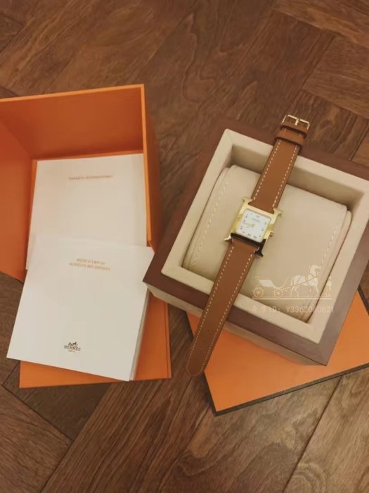 二手正品 HERMES Heure H系列 全新品 購買證明影本 愛馬仕 金棕色 超美 H手錶 腕錶 W036734