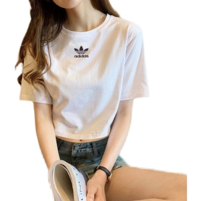 100原廠％adidas 愛迪達三葉草女 簡約logo運動露臍透氣短袖T恤女 GN2803 GN2802