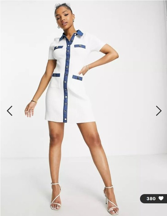 (嫻嫻屋) 英國ASOS-Morgan優雅時尚名媛藍色襯衫領拼接白色針織鈕釦裙洋裝EI23