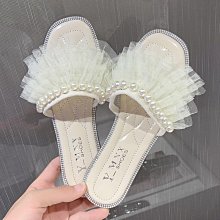 粉紅玫瑰精品屋~⚘韓版仙女風網紗珍珠平底鞋⚘