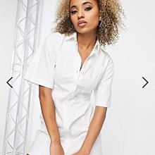 (嫻嫻屋) 英國ASOS-白色襯衫領短袖鈕釦A字裙洋裝ED23