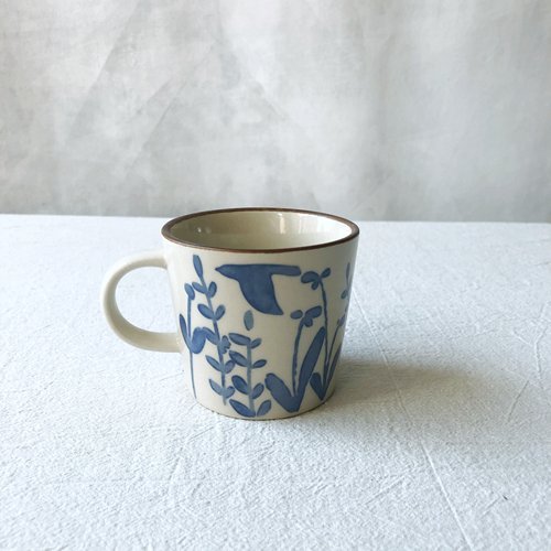 鳥語貓影陶瓷馬克杯  藍色 咖啡色 陶瓷馬克杯 茶杯 水杯 陶瓷餐具  手把杯 復古餐具【小雜貨】