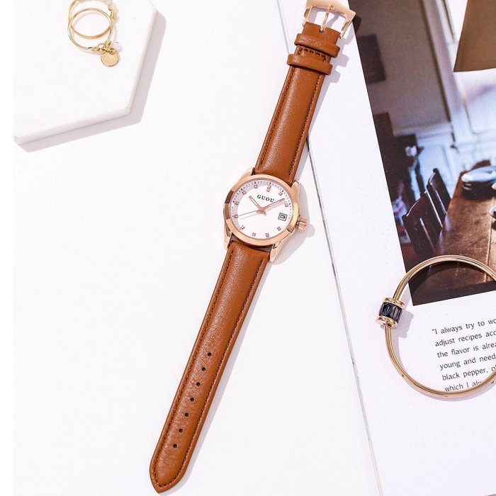 新款手錶女 百搭手錶女香港guou古歐手錶歐美時尚水鉆刻度帶日歷石英錶盤女款皮帶手錶女