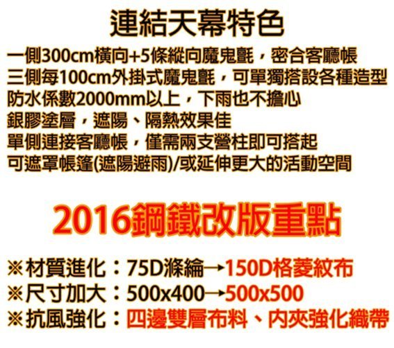 速可搭 YK-200 防水2000mm 500x500 鋼鐵小天幕 客廳帳連結用 延伸布 車邊帳