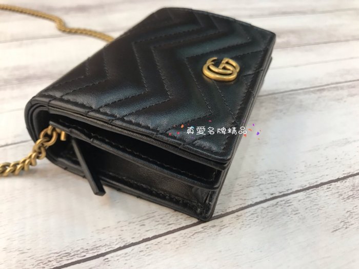 《真愛名牌精品》Gucci 625693 GG Marmont 黑金G 斜背短夾鍊包(鍊可拆) *全新*代購