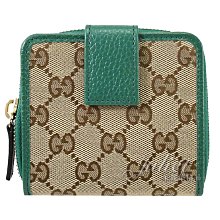 【茱麗葉精品】《全新精品》GUCCI 專櫃商品 346056 經典雙G緹花布皮飾邊扣式短夾.駝/綠邊 現貨