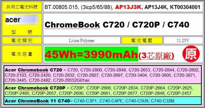 原廠 AP13J3K acer 電池 Chromebook C720-3404 C720-3605 C720-3871