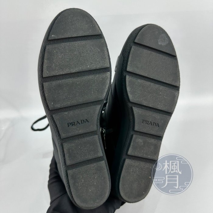 BRAND楓月 PRADA 普拉達 3TZ052 黑色 皮革 尼龍 中筒靴 短靴 靴子 女鞋 #35