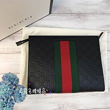 《真愛名牌精品》GUCCI 475316 黑色壓紋皮  綠紅綠 手拿包 *全新品*