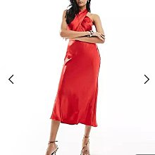 (嫻嫻屋) 英國ASOS-Style Cheat紅色鍛面交叉繞頸無袖長裙洋裝禮服AC24