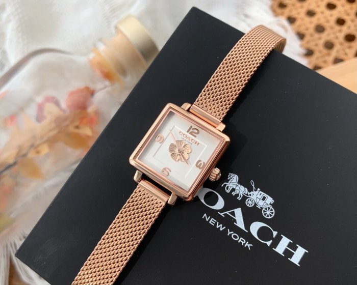 現貨COACH 女錶CASS系列 茶玫瑰 小方型錶盤 石英錶 精致女手錶 日常生活防水明星同款熱銷