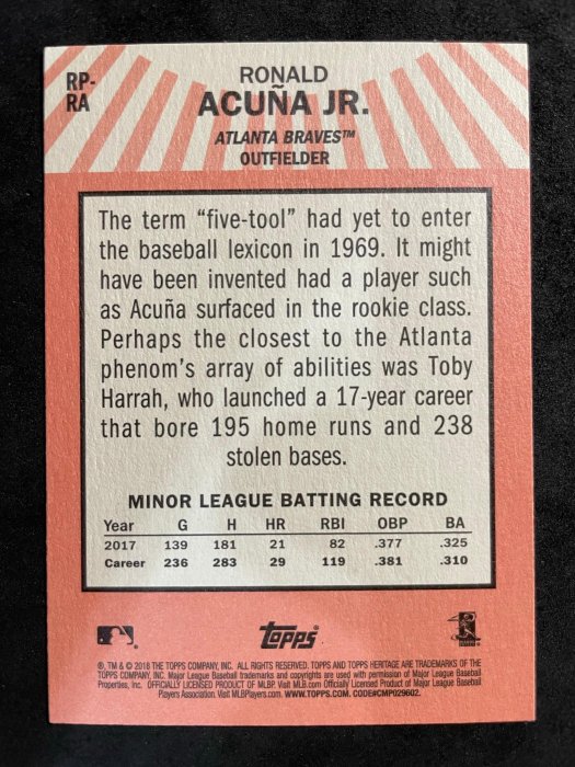 2018 TOPPS Heritage Ronald Acuna Jr. Performers 阿庫尼亞 新人卡 RC 球員卡