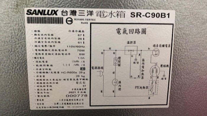 【隆發家具行】2021年！！！ SANLUX 台灣三洋 87公升 一級能效 雙門 小冰箱 SR-C90B1 二手家電 中古家電