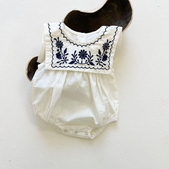 女童寶寶海軍領綉花嬰兒包屁衣無袖連體衣夏季爬爬服