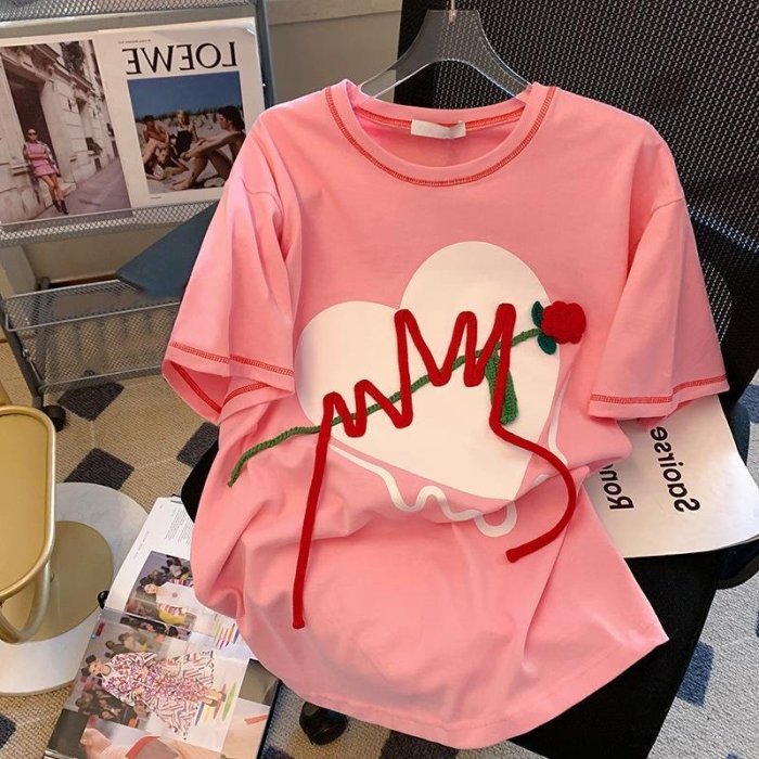 粉色愛心立體玫瑰花朵短袖T恤