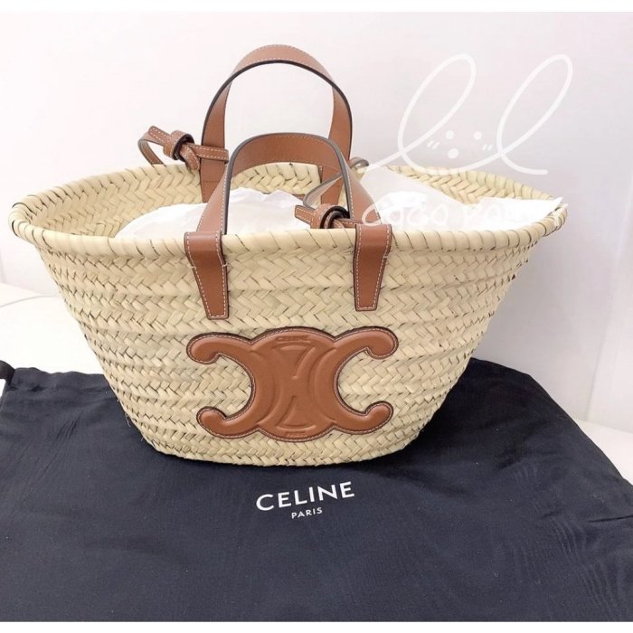 二手精品 CELINE賽琳 TRIOMPHE 凱旋門 大LOGO 草編織牛皮包邊托特包 手提包 棕色