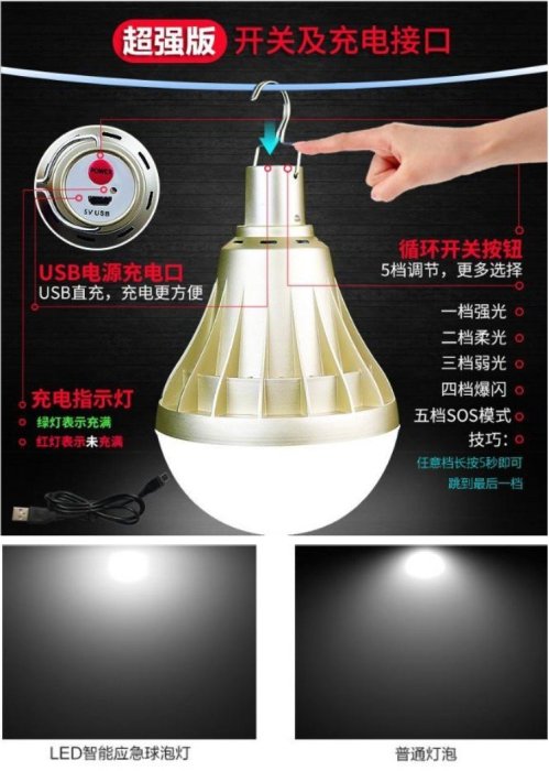 【購生活】白光 黃光 70W 自帶裡電 充電式LED燈泡 充電燈泡 USB燈泡 露營燈 工作燈 吊掛燈 LED照明燈