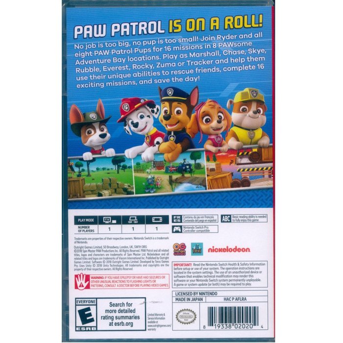 【透明外封膜不完美】NS SWITCH 汪汪隊立大功出發救援 英文美版 Paw Patrol On A Roll