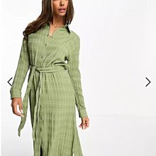 (嫻嫻屋) 英國ASOS-Miss Selfridge綠色紋理襯衫領長袖腰部綁帶中長裙洋裝EH23