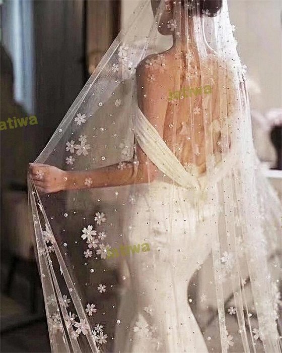 韓式釘珠新娘頭紗花朵拍照頭紗長拖尾韓式結婚頭紗