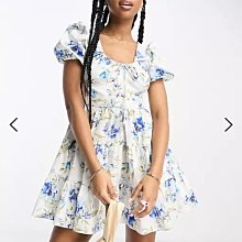 (嫻嫻屋) 英國ASOS-Forever New 藍色花卉印花圓領泡泡袖洋裝禮服EE23