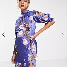 (嫻嫻屋) 英國ASOS-花卉印花高領泡泡袖束腰合身裙藍色鍛面洋裝禮服AD24