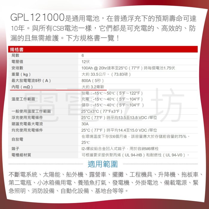 整新免運／電電工坊 CSB GPL121000深循環電池 露營用電池 野外充電 野外照明 UPS 太陽能發電 升降機