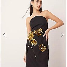 (嫻嫻屋) 英國ASOS-立體金色亮片花朵點綴黑色平領中長裙洋裝禮服AD24