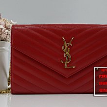 優買二手精品名牌店 YSL 377828 WOC 紅色荔枝皮 金鍊 斜背包 發財包 鍊子長夾 手拿包 肩背包 美品II