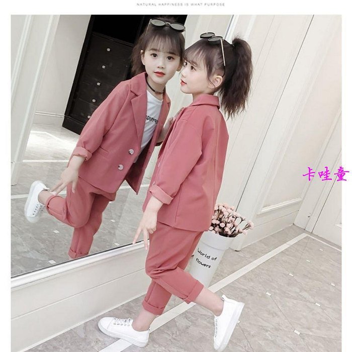 【現貨】 女童裝 女童套裝 女 套 女童西裝兩件套韓版洋氣秋裝新款中大童網紅時髦西裝兩件套裝 其他 PNAL