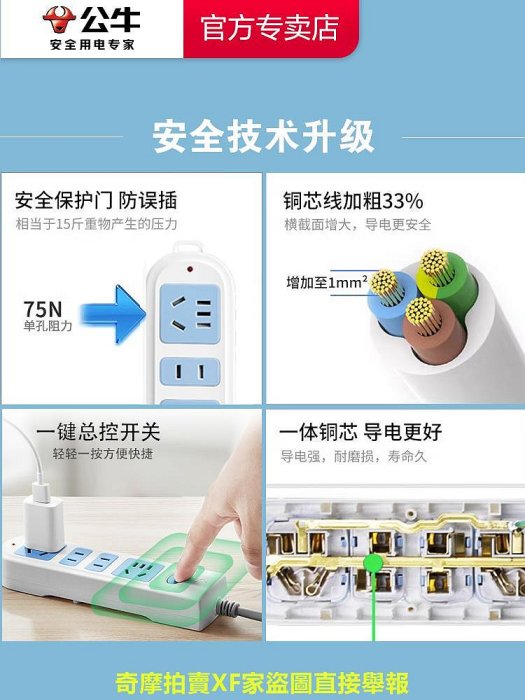 公牛插座面板多孔位插排插宿舍用多功能長線地拖接線板電插板帶線