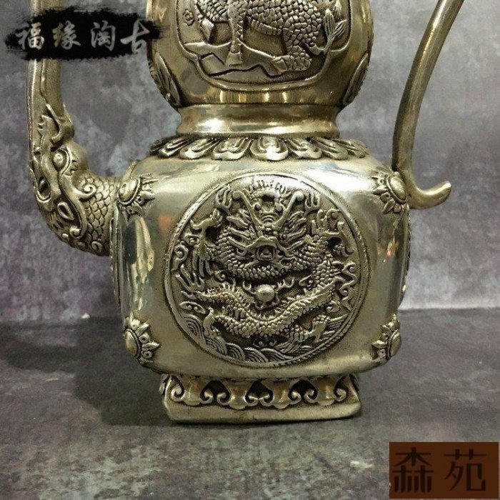 熱銷  古董古玩銅器收藏白銅葫蘆款式茶壺酒壺水壺純銅麒麟龍紋銅壺擺設 979