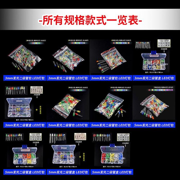 3MM/5MM發光二極管包LED燈珠元件包 紅綠橙黃藍色白霧狀袋裝/盒裝~半島鐵盒