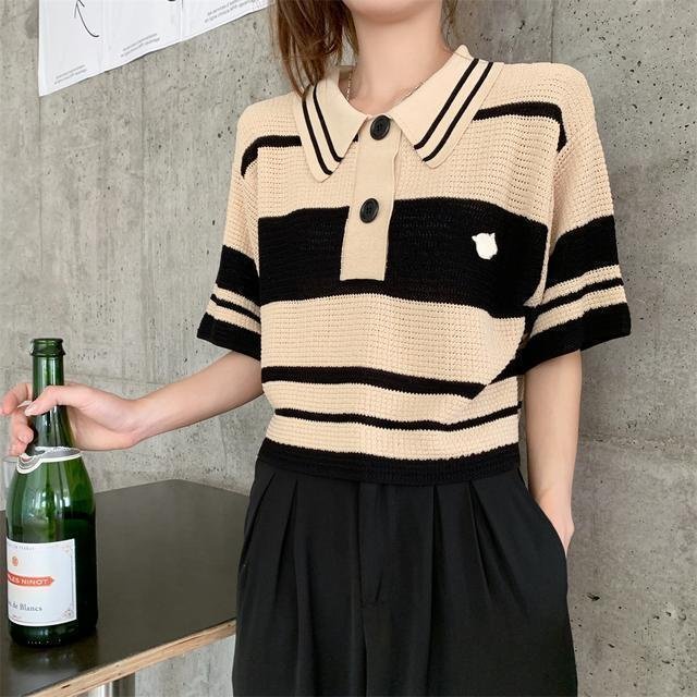 【現貨】新款復古polo領條紋T恤女夏季短版設計感別緻短袖針織