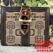 ☆優買二手精品名牌店☆ GUCCI 咖啡 皮革 緹花布 綠紅綠 零錢袋 對折 短夾 中夾 夾 皮夾 146203