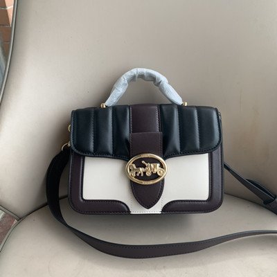 【九妹精品】COACH 6015 新款女士單肩斜跨提手包PVC拼牛皮 側背包  女包