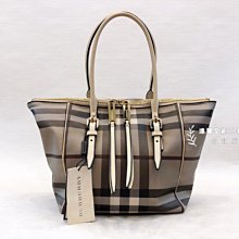 B3445 burberry米色格紋pvc一字拉鍊雙耳肩背包(遠麗精品 台北店)