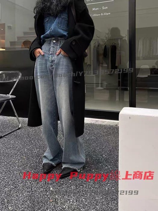 Happy Puppy線上商店~法式��vintage~腰頭拼接毛邊高腰顯瘦牛仔喇叭褲 2023夏 新品DCC211882